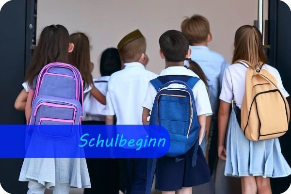 Mehrere Kinder mit Schultaschen auf dem Rücken gehen durch eine geöffnete Tür. Bildüberschrift: Schulbeginn.