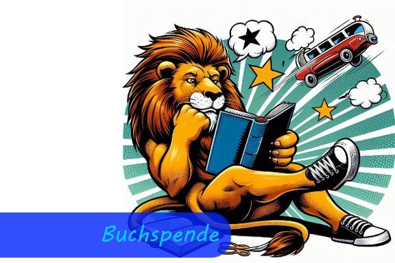 Im Comicstil sitzt ein Löwe mit übereinandergeschlagenen Beinen da und liest ein Buch. Aus diesem kommen Sterne und ein Bus hervor.