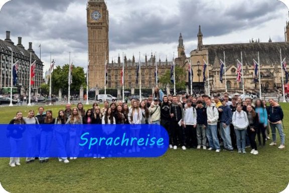 Eine große Gruppe Jugendlicher steht auf einer Wiese und schaut in die Kamera. Im Hintergrund ist die Wiese mit Fahnenmasten umrandet. Zentral im Hintergrund sieht man den Big Ben und das House of Parliament.